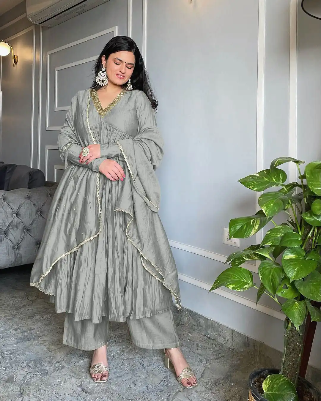 Grey Chinon Silk Embroidery Gown | Jump Suits, Salwar suit, Casual Suits, Creative suits, Designer Suits, Palazzo Suits, Party Wear Suits, Patiala Suits, Straight Suits