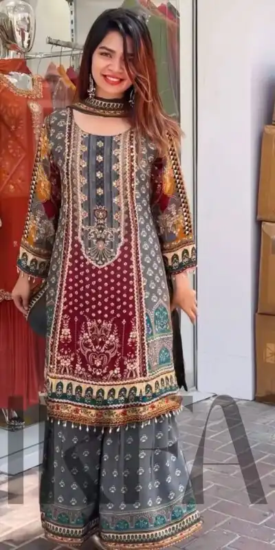 Grey Faux Georgette Mirror Work Print Salwar Suit | Jump Suits, Salwar suit, Casual Suits, Creative suits, Designer Suits, Palazzo Suits, Party Wear Suits, Patiala Suits, Straight Suits