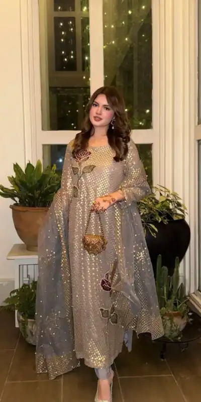 Grey Faux Georgette With Sequins Work Salwar Suit | Jump Suits, Salwar suit, Casual Suits, Creative suits, Designer Suits, Palazzo Suits, Party Wear Suits, Patiala Suits, Straight Suits