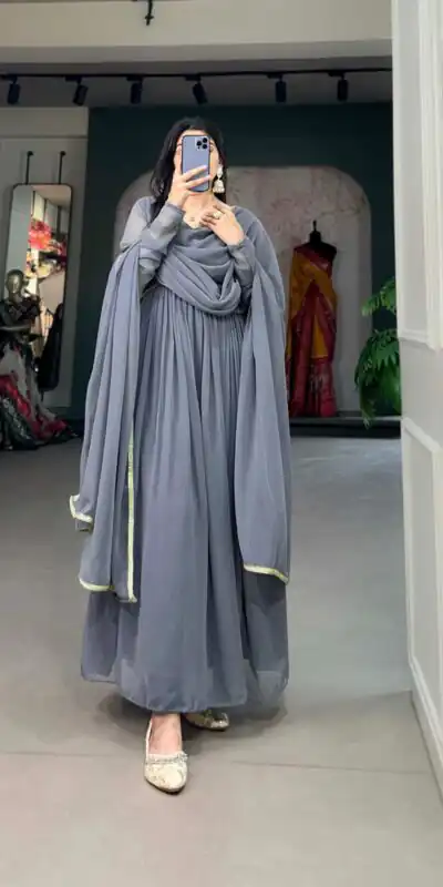 Grey Georgette Embroidery Gown | Gowns, Bollywood Gowns, Creative Gowns, Designer Gowns, Embroidered Gowns, Party Wear Gowns