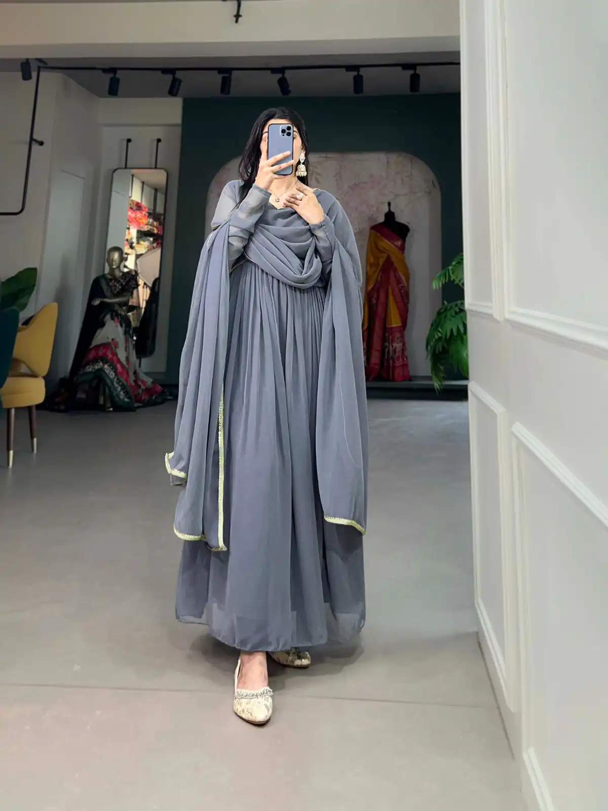 Grey Georgette Embroidery Gown | Gowns, Bollywood Gowns, Creative Gowns, Designer Gowns, Embroidered Gowns, Party Wear Gowns