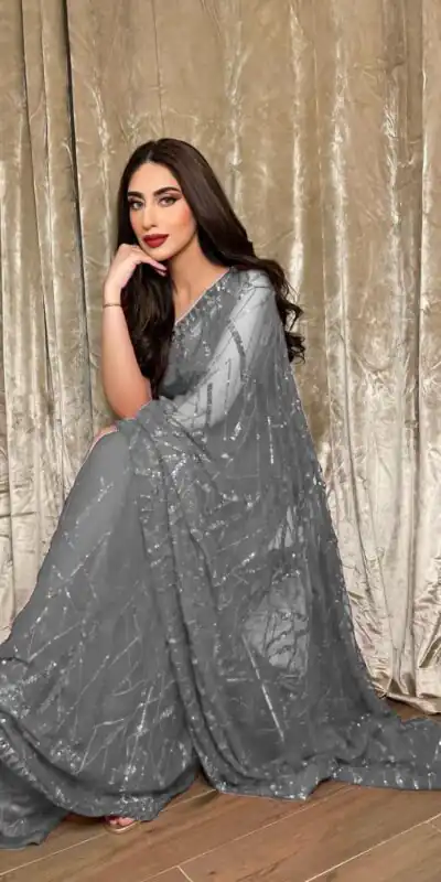 Grey Georgette Embroidery Sequence Piping Saree | Sarees, Bollywood Sarees, Creative Sarees, Designer Sarees, Embroidered Sarees, Ethnic Saree, Modern Digital sarees, Party Wear Sarees