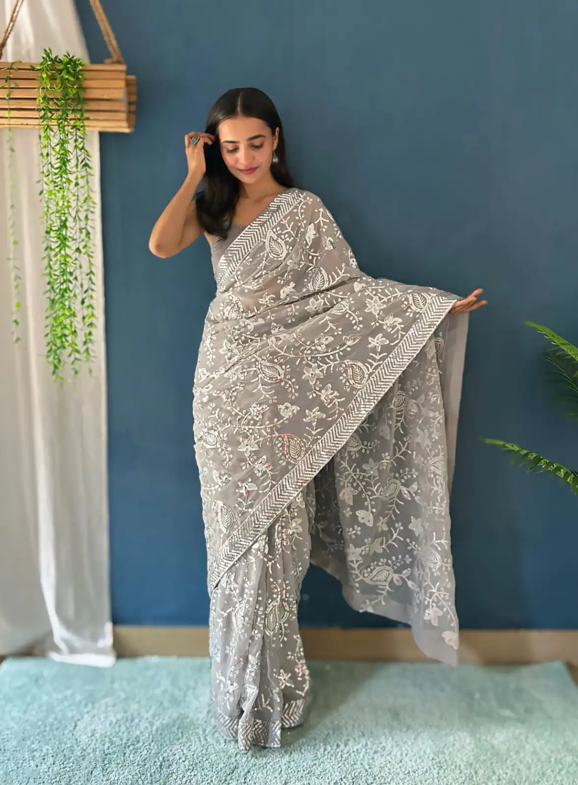 Grey Georgette Sequence Work Saree | Sarees, Bollywood Sarees, Creative Sarees, Designer Sarees, Embroidered Sarees, Ethnic Saree, Modern Digital sarees, Party Wear Sarees