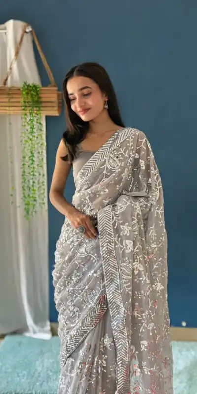 Grey Georgette Sequence Work Saree | Sarees, Bollywood Sarees, Creative Sarees, Designer Sarees, Embroidered Sarees, Ethnic Saree, Modern Digital sarees, Party Wear Sarees