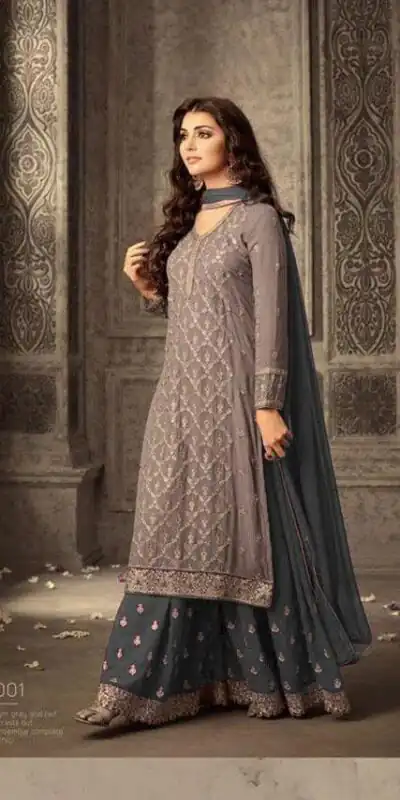 Grey Georgette With Embroidery Work With Stone Salwar Suit | Jump Suits, Salwar suit, Casual Suits, Creative suits, Designer Suits, Palazzo Suits, Party Wear Suits, Patiala Suits, Straight Suits