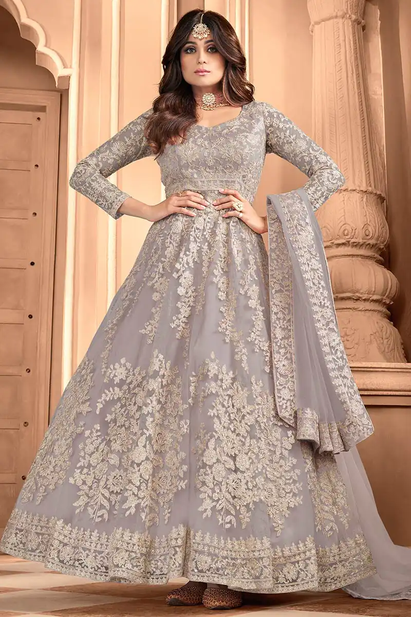 Grey Heavy Net Embroidery Work Salwar Suit | Jump Suits, Salwar suit, Casual Suits, Creative suits, Designer Suits, Palazzo Suits, Party Wear Suits, Patiala Suits, Straight Suits