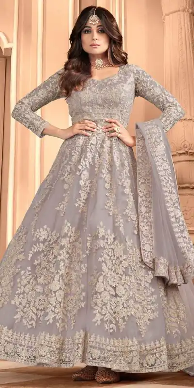Grey Heavy Net Embroidery Work Salwar Suit | Jump Suits, Salwar suit, Casual Suits, Creative suits, Designer Suits, Palazzo Suits, Party Wear Suits, Patiala Suits, Straight Suits