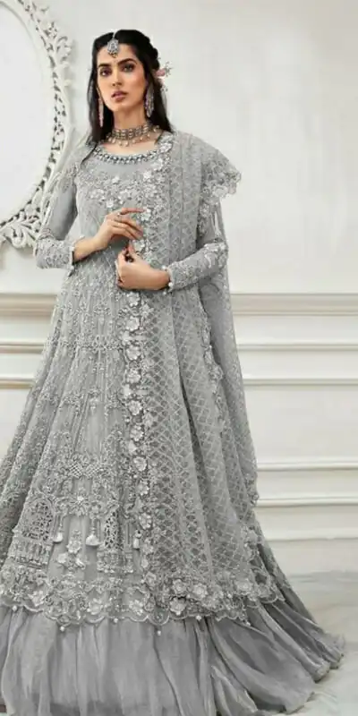 Grey Heavy Net Stone Embroidery Work Salwar Suit | Jump Suits, Salwar suit, Casual Suits, Creative suits, Designer Suits, Palazzo Suits, Party Wear Suits, Patiala Suits, Straight Suits