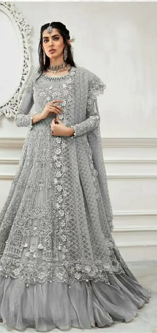 Grey Heavy Net Stone Embroidery Work Salwar Suit | Jump Suits, Salwar suit, Casual Suits, Creative suits, Designer Suits, Palazzo Suits, Party Wear Suits, Patiala Suits, Straight Suits