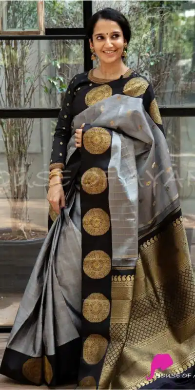 Grey Lichi Silk On All Over Border Saree | Sarees, Bollywood Sarees, Creative Sarees, Designer Sarees, Embroidered Sarees, Ethnic Saree, Modern Digital sarees, Party Wear Sarees