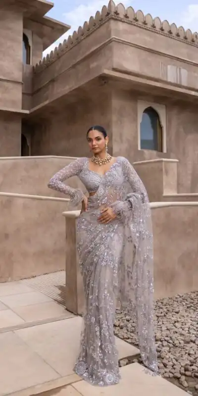 Grey Mono Net Sequins Embroidery Saree | Sarees, Bollywood Sarees, Creative Sarees, Designer Sarees, Embroidered Sarees, Ethnic Saree, Modern Digital sarees, Party Wear Sarees