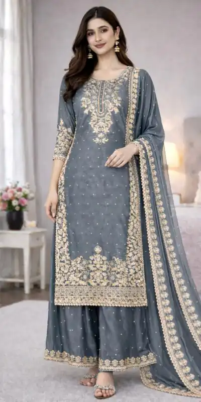 Grey Organza Silk Embroidery Work Salwar Suit | Jump Suits, Salwar suit, Casual Suits, Creative suits, Designer Suits, Palazzo Suits, Party Wear Suits, Patiala Suits, Straight Suits
