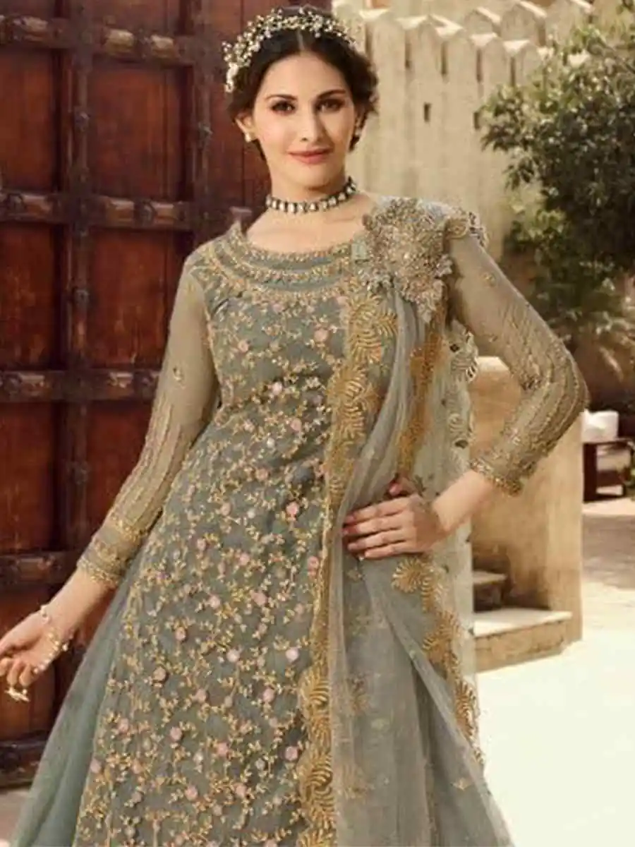 Grey Soft Net With Embroidery Work Salwar Suit | Jump Suits, Salwar suit, Casual Suits, Creative suits, Designer Suits, Palazzo Suits, Party Wear Suits, Patiala Suits, Straight Suits
