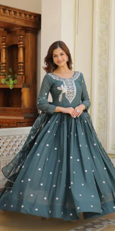 Grey Star Georgette Sequence Embroidery Work Anarkali Gown | Gowns, Bollywood Gowns, Creative Gowns, Designer Gowns, Embroidered Gowns, Party Wear Gowns, Straight Suits