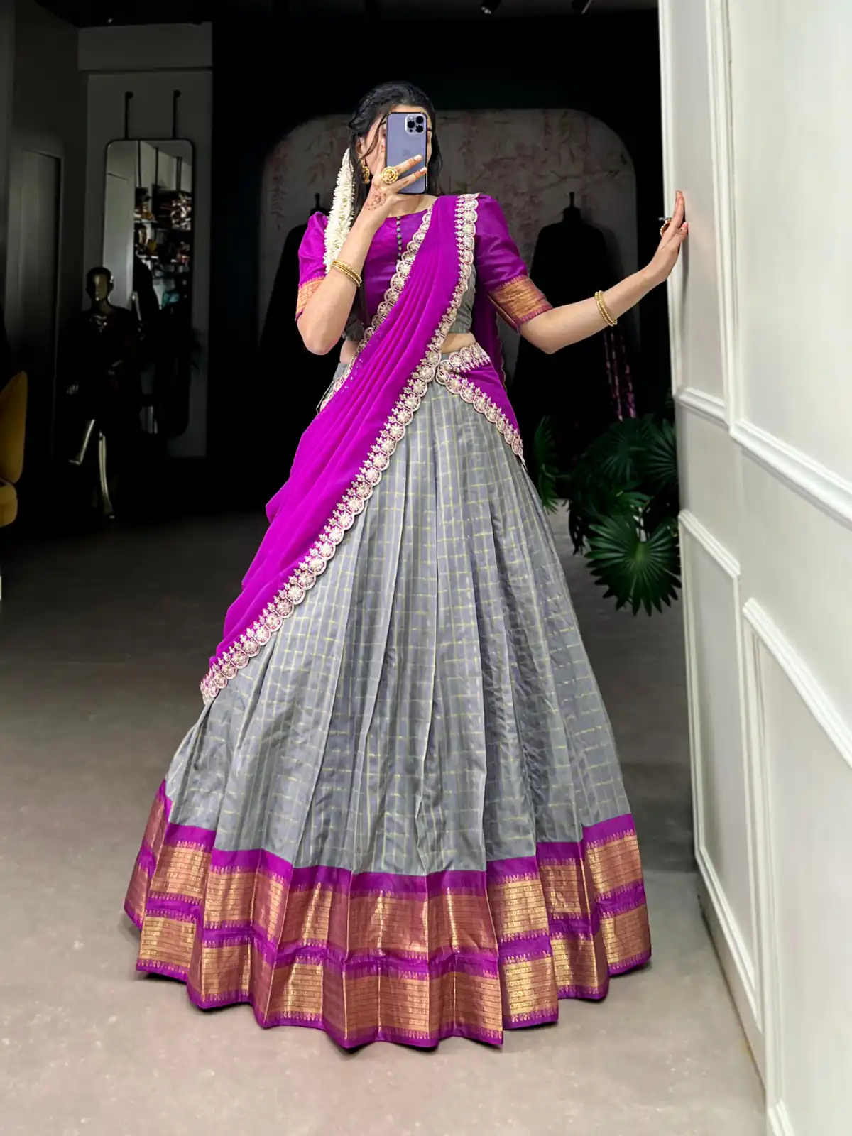 Grey Zari Chex Weaving Work Lehenga Choli | Lehenga, Bollywood Lehenga, Creative Lehenga, Designer Lehenga, Embroidered Lehenga, Party Wear Lehenga