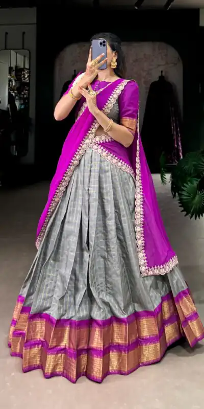 Grey Zari Chex Weaving Work Lehenga Choli | Lehenga, Bollywood Lehenga, Creative Lehenga, Designer Lehenga, Embroidered Lehenga, Party Wear Lehenga