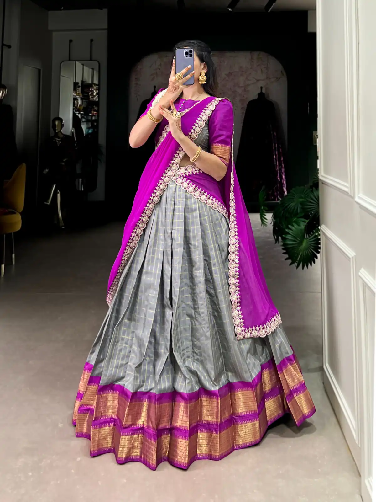 Grey Zari Chex Weaving Work Lehenga Choli | Lehenga, Bollywood Lehenga, Creative Lehenga, Designer Lehenga, Embroidered Lehenga, Party Wear Lehenga