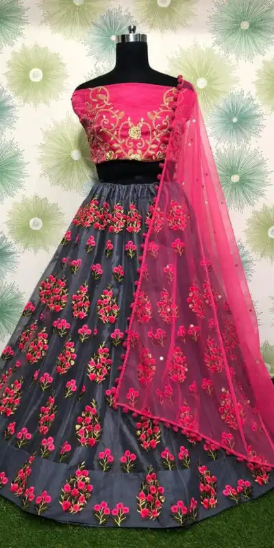 Grey Zari Dorii Embroidery Net Lehenga Choli | Lehenga, Bollywood Lehenga, Creative Lehenga, Designer Lehenga, Embroidered Lehenga, Party Wear Lehenga