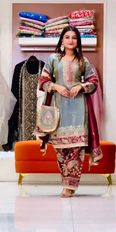 Grey Zimmy Silk Embroidery Work Salwar Suit | Jump Suits, Salwar suit, Casual Suits, Creative suits, Designer Suits, Palazzo Suits, Party Wear Suits, Patiala Suits, Straight Suits