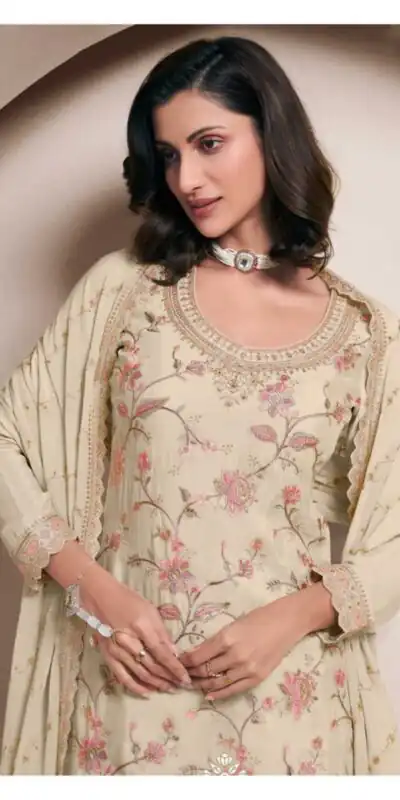 Half White Chinon Multi Work Salwar Suit | Jump Suits, Salwar suit, Casual Suits, Creative suits, Designer Suits, Palazzo Suits, Party Wear Suits, Patiala Suits, Straight Suits