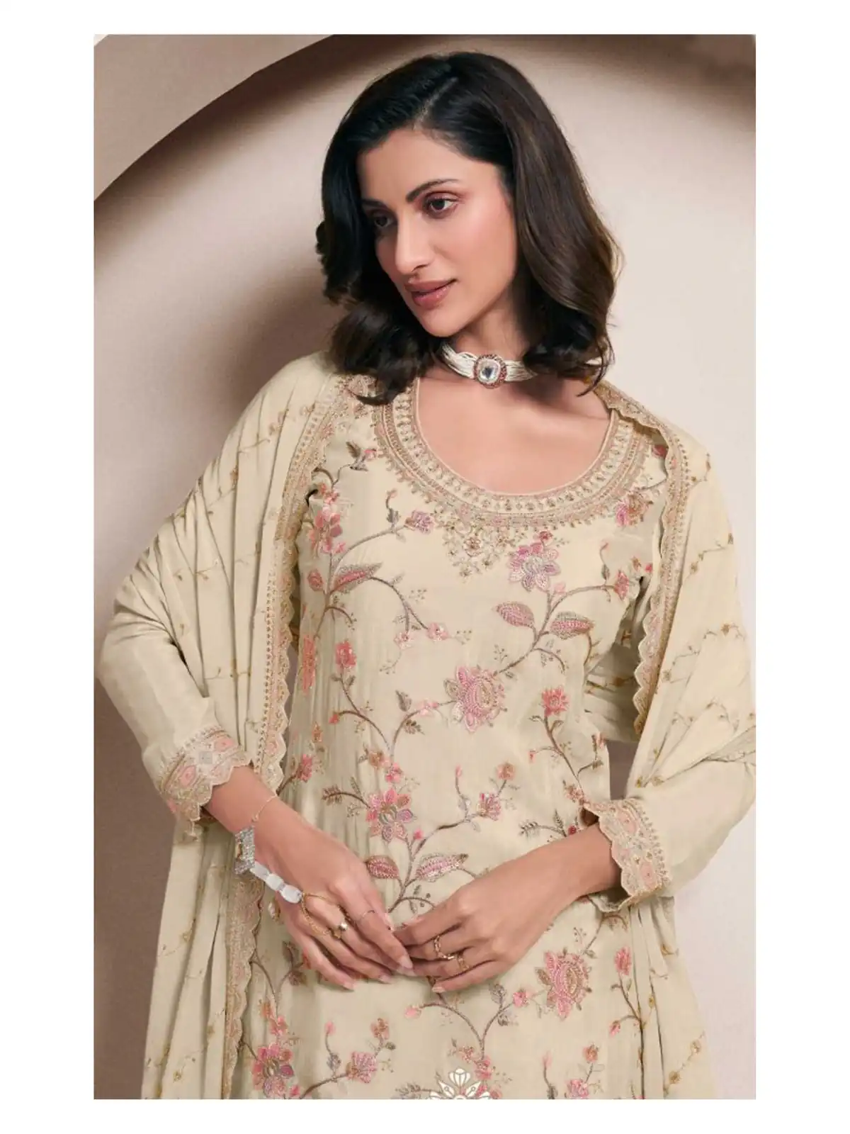 Half White Chinon Multi Work Salwar Suit | Jump Suits, Salwar suit, Casual Suits, Creative suits, Designer Suits, Palazzo Suits, Party Wear Suits, Patiala Suits, Straight Suits