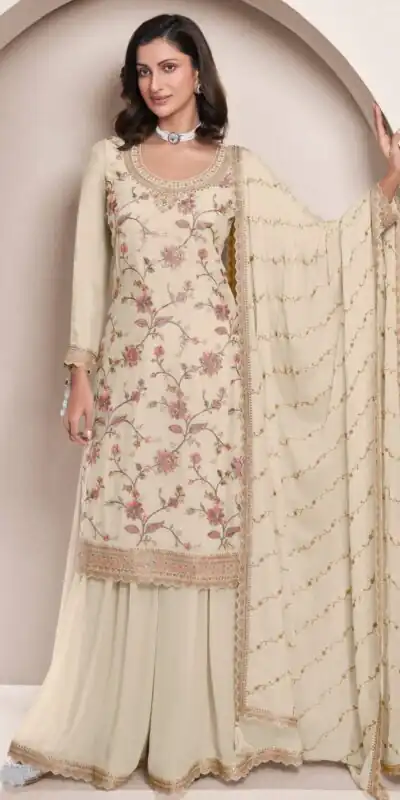 Half White Chinon Multi Work Salwar Suit | Jump Suits, Salwar suit, Casual Suits, Creative suits, Designer Suits, Palazzo Suits, Party Wear Suits, Patiala Suits, Straight Suits