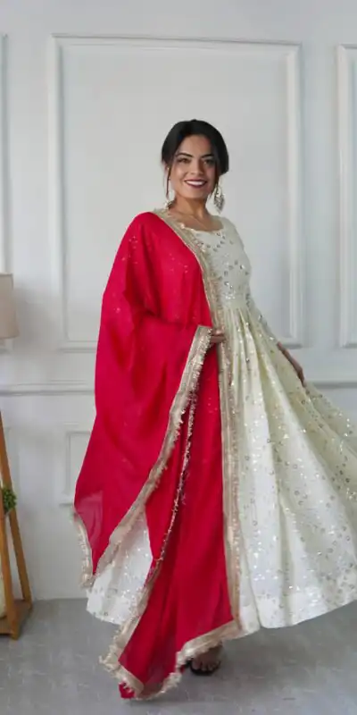 Half White Georgette Embroidery Work Gown | Gowns, Bollywood Gowns, Creative Gowns, Designer Gowns, Embroidered Gowns, Party Wear Gowns