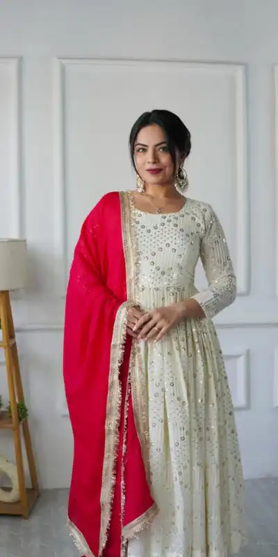 Half White Georgette Embroidery Work Gown | Gowns, Bollywood Gowns, Creative Gowns, Designer Gowns, Embroidered Gowns, Party Wear Gowns