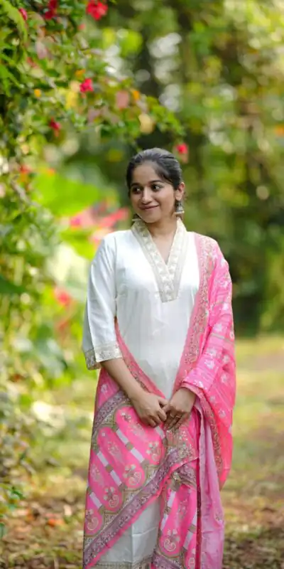 Half White Roman Silk With Pink Dupatta Coding Work Salwar Suit | Jump Suits, Salwar suit, Casual Suits, Creative suits, Designer Suits, Palazzo Suits, Party Wear Suits, Patiala Suits, Straight Suits