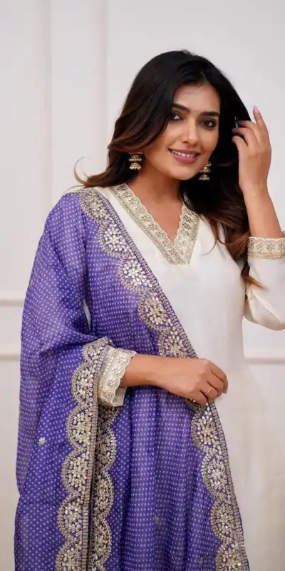 Half White Roman Silk With Purple Dupatta Coding Work Salwar Suit | Jump Suits, Salwar suit, Casual Suits, Creative suits, Designer Suits, Palazzo Suits, Party Wear Suits, Patiala Suits, Straight Suits