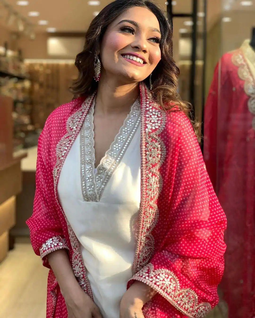 Half White Roman Silk With Red Dupatta Coding Work Salwar Suit | Jump Suits, Salwar suit, Casual Suits, Creative suits, Designer Suits, Palazzo Suits, Party Wear Suits, Patiala Suits, Straight Suits