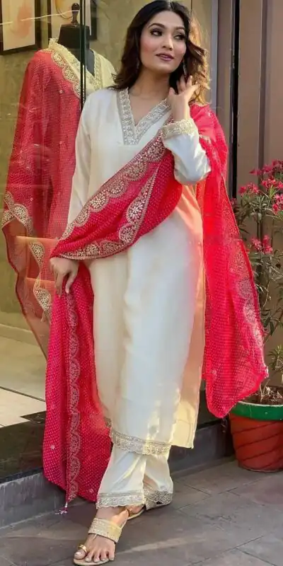 Half White Roman Silk With Red Dupatta Coding Work Salwar Suit | Jump Suits, Salwar suit, Casual Suits, Creative suits, Designer Suits, Palazzo Suits, Party Wear Suits, Patiala Suits, Straight Suits
