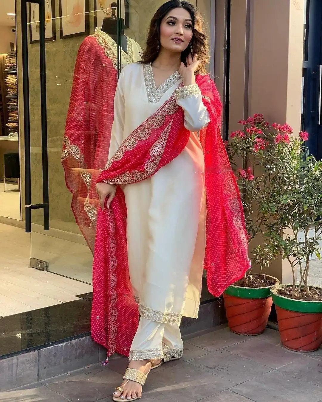 Half White Roman Silk With Red Dupatta Coding Work Salwar Suit | Jump Suits, Salwar suit, Casual Suits, Creative suits, Designer Suits, Palazzo Suits, Party Wear Suits, Patiala Suits, Straight Suits