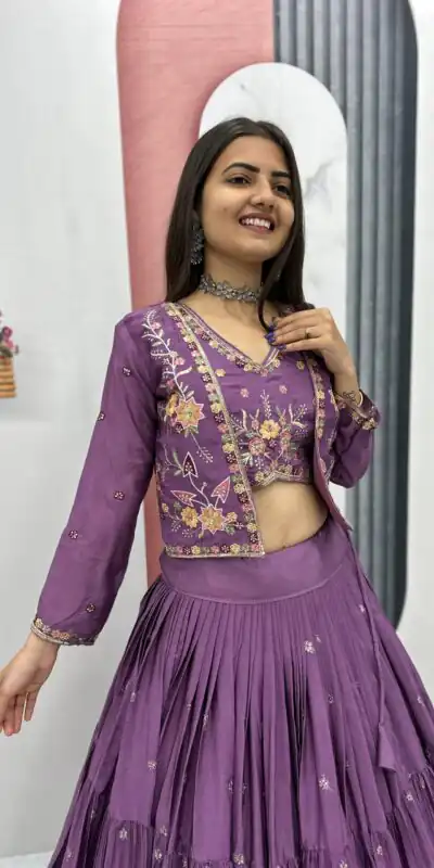 Lavender Chinon Thread Embroidery Lehenga Choli | Lehenga, Bollywood Lehenga, Creative Lehenga, Designer Lehenga, Embroidered Lehenga, Party Wear Lehenga