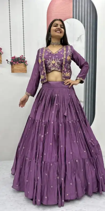Lavender Chinon Thread Embroidery Lehenga Choli | Lehenga, Bollywood Lehenga, Creative Lehenga, Designer Lehenga, Embroidered Lehenga, Party Wear Lehenga
