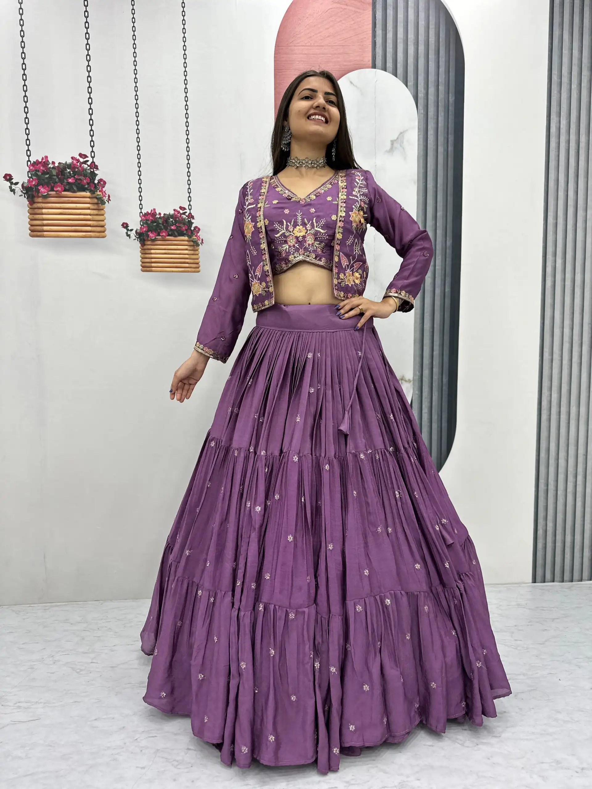 Lavender Chinon Thread Embroidery Lehenga Choli | Lehenga, Bollywood Lehenga, Creative Lehenga, Designer Lehenga, Embroidered Lehenga, Party Wear Lehenga