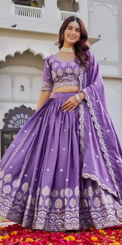 Lavender Crap Silk Embroidery Work Lehenga Choli | Lehenga, Bollywood Lehenga, Creative Lehenga, Designer Lehenga, Embroidered Lehenga, Party Wear Lehenga