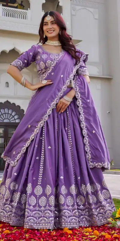 Lavender Crap Silk Embroidery Work Lehenga Choli | Lehenga, Bollywood Lehenga, Creative Lehenga, Designer Lehenga, Embroidered Lehenga, Party Wear Lehenga