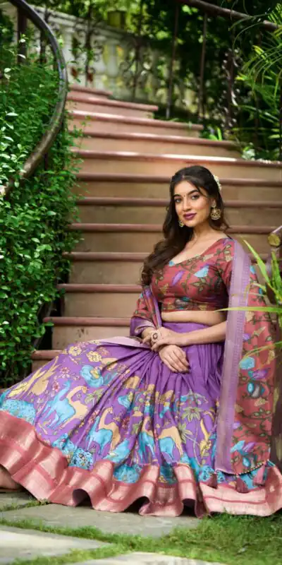Lavender Dola Silk Kalamkari Print Zari Lehenga Choli | Lehenga, Bollywood Lehenga, Creative Lehenga, Designer Lehenga, Embroidered Lehenga, Party Wear Lehenga