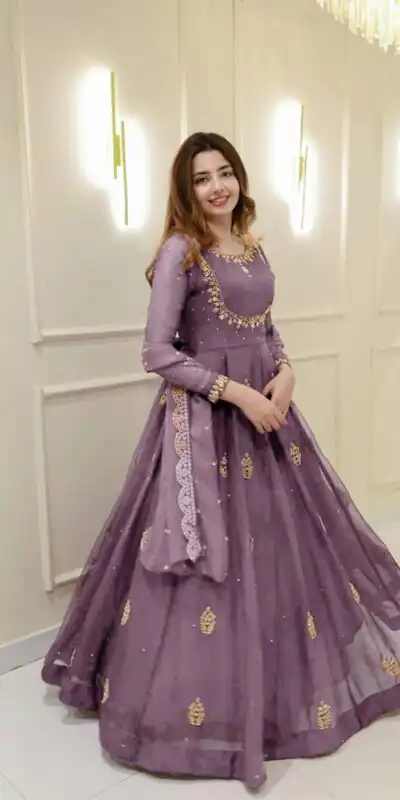 Lavender Georgette Embroidery Work Gown | Gowns, Bollywood Gowns, Creative Gowns, Designer Gowns, Embroidered Gowns, Party Wear Gowns