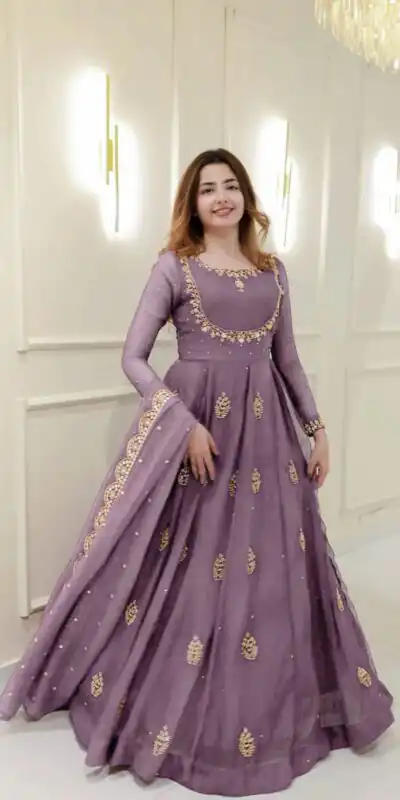 Lavender Georgette Embroidery Work Gown | Gowns, Bollywood Gowns, Creative Gowns, Designer Gowns, Embroidered Gowns, Party Wear Gowns