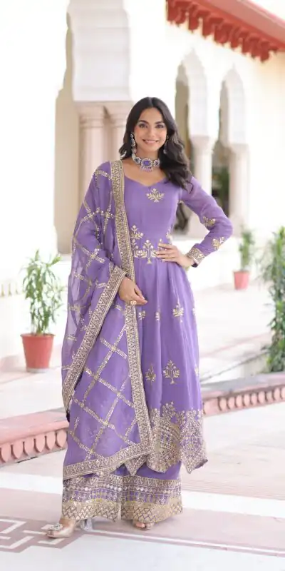 Lavender Silver Crunchy Sequins Work Embroidery Gown | Gowns, Bollywood Gowns, Creative Gowns, Designer Gowns, Embroidered Gowns, Party Wear Gowns