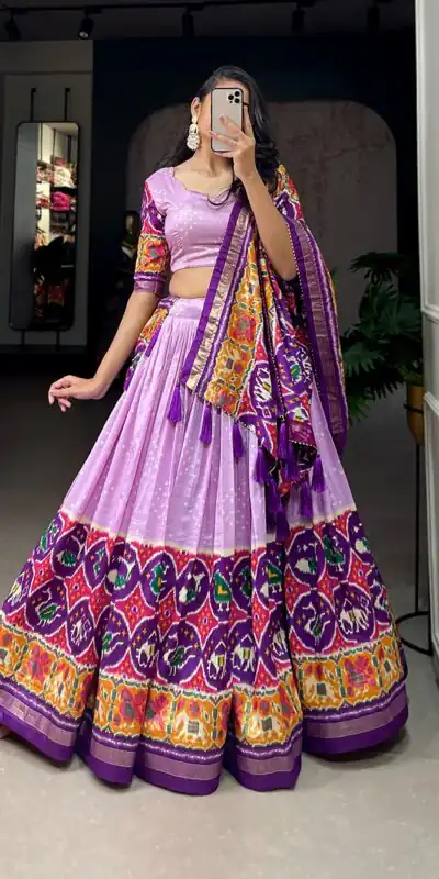Lavender Tussar Silk Patola Printed Lehenga Choli | Lehenga, Bollywood Lehenga, Creative Lehenga, Designer Lehenga, Embroidered Lehenga, Party Wear Lehenga