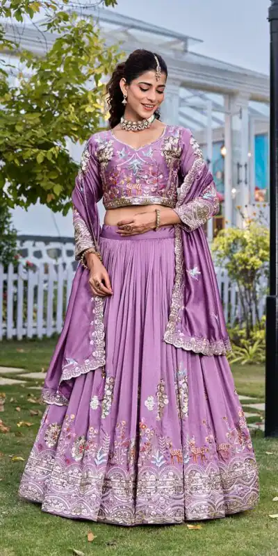 Lavender Vichitra Silk Thread Work Lehenga Choli | Lehenga, Bollywood Lehenga, Creative Lehenga, Designer Lehenga, Embroidered Lehenga, Party Wear Lehenga