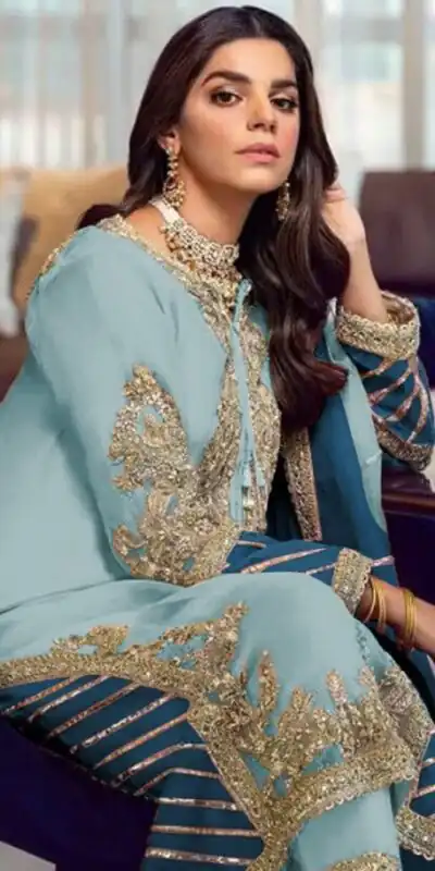 Light Blue Georgette Embroidery Sequence Salwar Suit | Salwar suit, Casual Suits, Creative suits, Designer Suits, Palazzo Suits, Party Wear Suits, Patiala Suits, Straight Suits