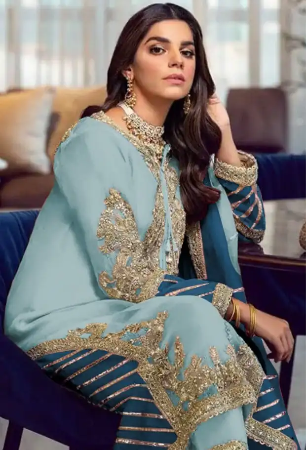 Light Blue Georgette Embroidery Sequence Salwar Suit | Salwar suit, Casual Suits, Creative suits, Designer Suits, Palazzo Suits, Party Wear Suits, Patiala Suits, Straight Suits