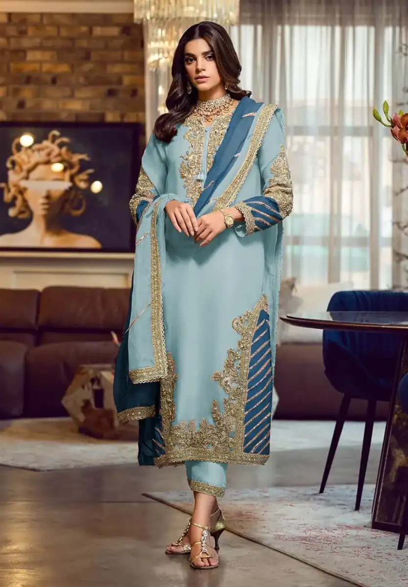 Light Blue Georgette Embroidery Sequence Salwar Suit | Salwar suit, Casual Suits, Creative suits, Designer Suits, Palazzo Suits, Party Wear Suits, Patiala Suits, Straight Suits