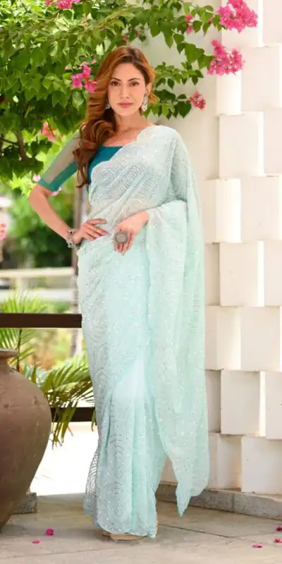 Light Blue Georgette Sequence Work Saree | Sarees, Bollywood Sarees, Creative Sarees, Designer Sarees, Embroidered Sarees, Ethnic Saree, Modern Digital sarees, Party Wear Sarees