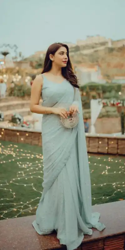 Light Blue Georgette Sirvoski Support Lace Saree | Sarees, Bollywood Sarees, Creative Sarees, Designer Sarees, Embroidered Sarees, Ethnic Saree, Modern Digital sarees, Party Wear Sarees