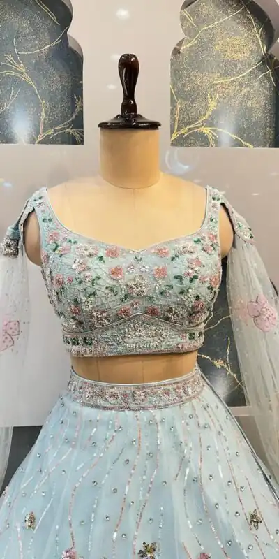 Light Blue Organza Silk Embroidered Lehenga Choli | Lehenga, Bollywood Lehenga, Creative Lehenga, Designer Lehenga, Embroidered Lehenga, Party Wear Lehenga
